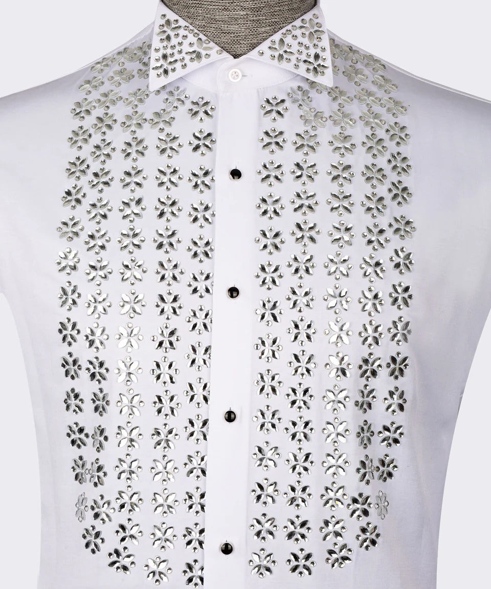 🤍✨ Starlight Elegance – White Shirt with Silver Crystal Detailing