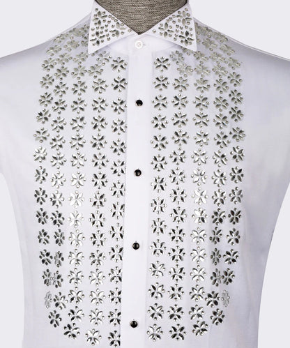 🤍✨ Starlight Elegance – White Shirt with Silver Crystal Detailing