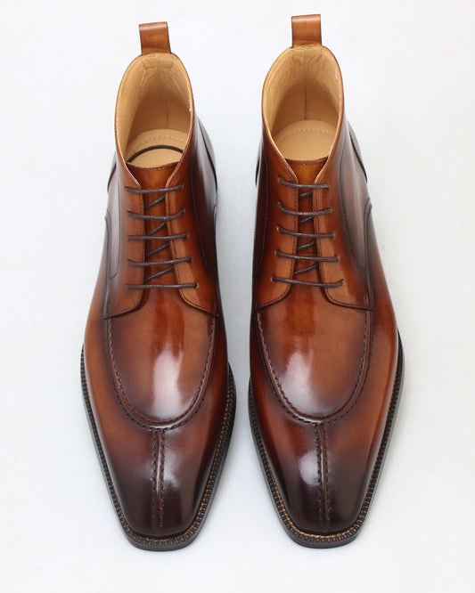 KOSS ATELIER polished brown leather Belmont Chukka Boots for men in classic lace up ankle design