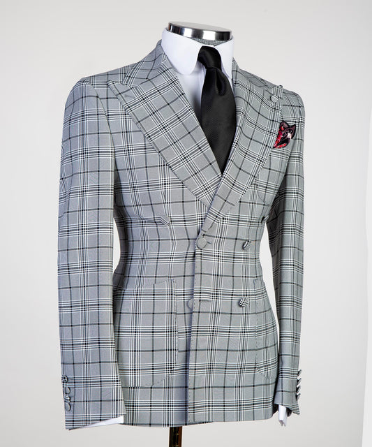 Stylish KOSS ATELIER ash plaid suit for special occasions with double-breasted design and elegant details
