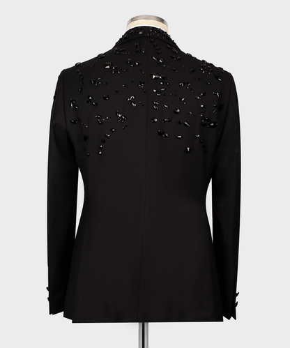 KOSS ATELIER back view black crystal embellished tuxedo jacket with scattered crystals on shoulders and upper back