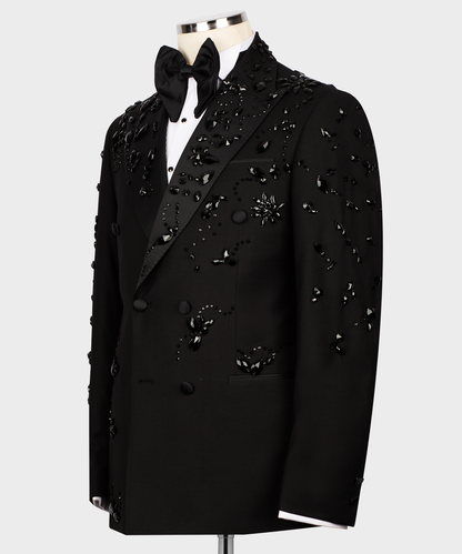 KOSS ATELIER black crystal embellished tuxedo double breasted jacket with satin lapels and bow tie on mannequin