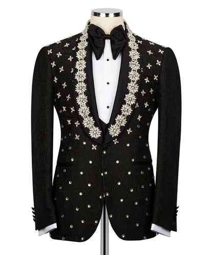KOSS ATELIER ornate black crystal tuxedo for men with jeweled shawl lapel white dress shirt and bow tie