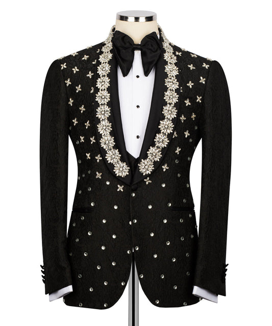 KOSS ATELIER ornate black crystal tuxedo for men with jeweled shawl lapel white dress shirt and bow tie
