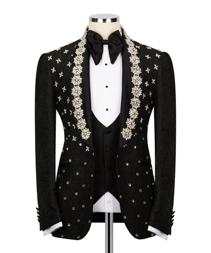 KOSS ATELIER black crystal tuxedo for men with embellished crystal lapels vest and satin bow tie