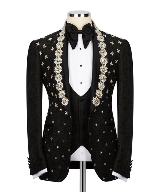 KOSS ATELIER black crystal tuxedo for men with embellished crystal lapels vest and satin bow tie