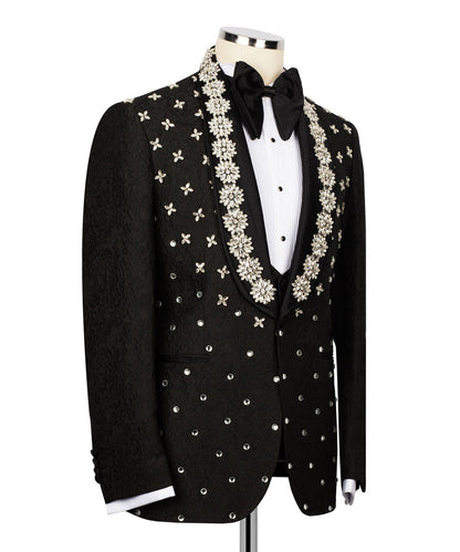 KOSS ATELIER black crystal tuxedo for men with jeweled floral lapel scattered crystal studs white shirt and bow tie
