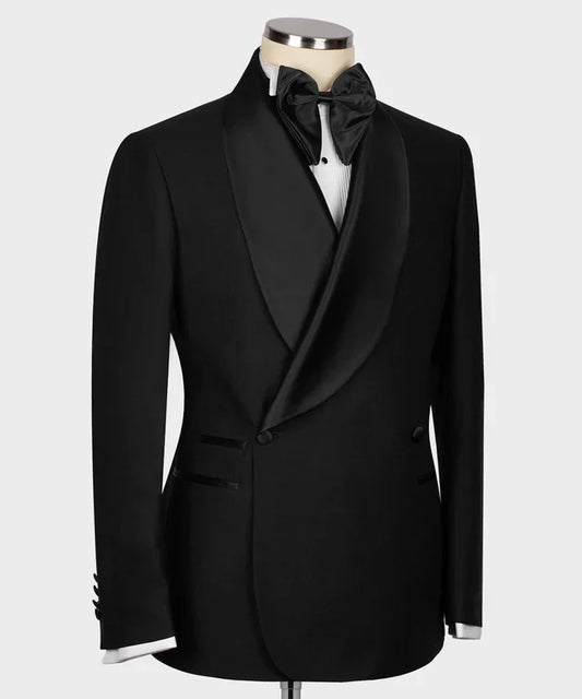 KOSS ATELIER black double breasted tuxedo jacket with satin shawl lapel and bow tie on mannequin