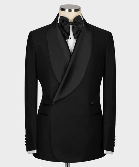 KOSS ATELIER black double breasted tuxedo with satin shawl lapel and matching bow tie