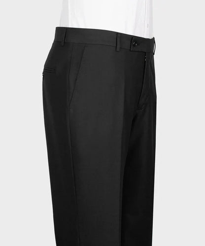 KOSS ATELIER black double breasted tuxedo trousers side view tailored flat front formal pants