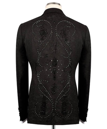 KOSS ATELIER black embroidered tuxedo back view on mannequin with ornate beaded floral swirl pattern