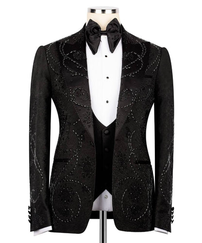 KOSS ATELIER black embroidered tuxedo jacket with beaded swirl embroidery satin lapel vest and bow tie