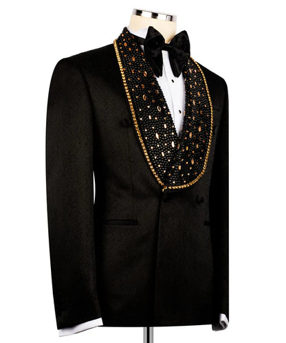KOSS ATELIER black embroidered tuxedo with golden accents on shawl lapel and black bow tie formal menswear