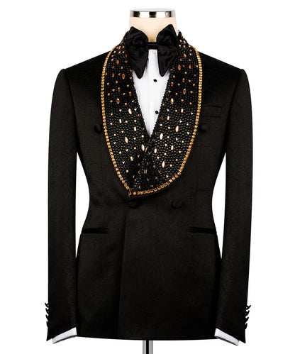KOSS ATELIER black embroidered tuxedo with golden accents beaded shawl collar double breasted formal jacket