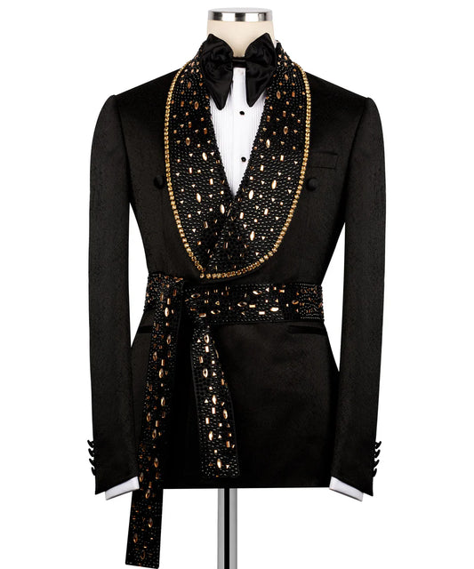 KOSS ATELIER black embroidered tuxedo with golden accents shawl collar and beaded sash on mannequin