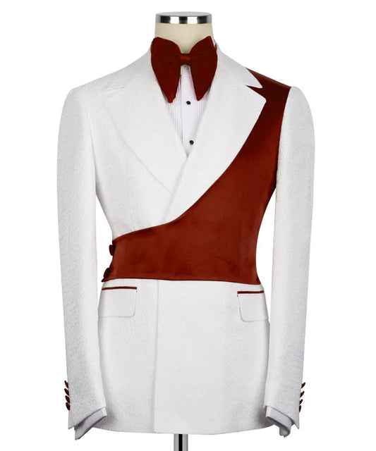 KOSS ATELIER burgundy and white double breasted tuxedo with asymmetric burgundy waist sash and bow tie