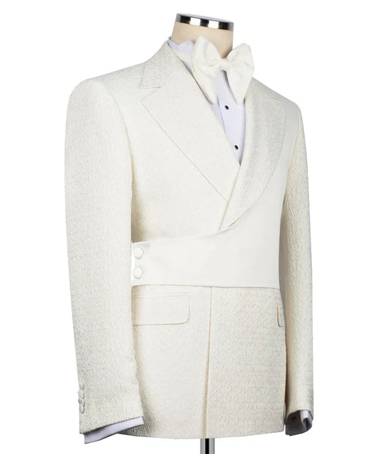 KOSS ATELIER cream double breasted tuxedo jacket with textured fabric asymmetric waist sash and bow tie