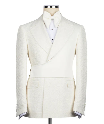 KOSS ATELIER cream double breasted tuxedo jacket with textured wool and satin waist panel and bow tie