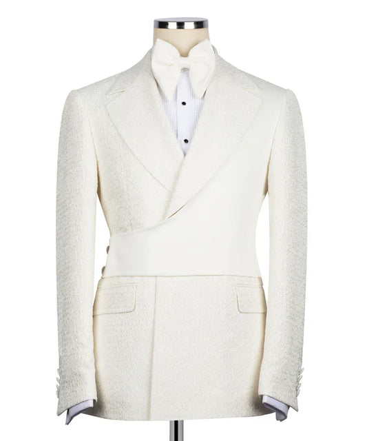 KOSS ATELIER cream double breasted tuxedo jacket with textured wool and satin waist panel and bow tie
