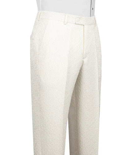 KOSS ATELIER cream double breasted tuxedo textured high waist pleated trousers on mannequin