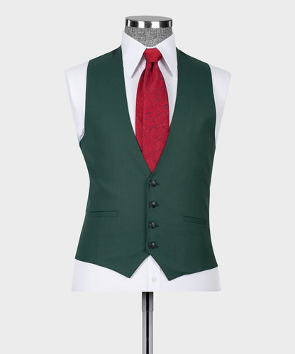 KOSS ATELIER dark green 3-piece suit waistcoat on mannequin with white shirt and red tie