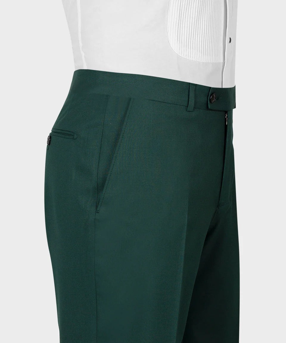 KOSS ATELIER tailored trousers of dark green 3-piece suit showing high waist side pockets and button closure