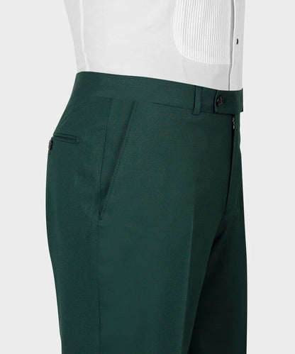 KOSS ATELIER tailored trousers of dark green 3-piece suit showing high waist side pockets and button closure