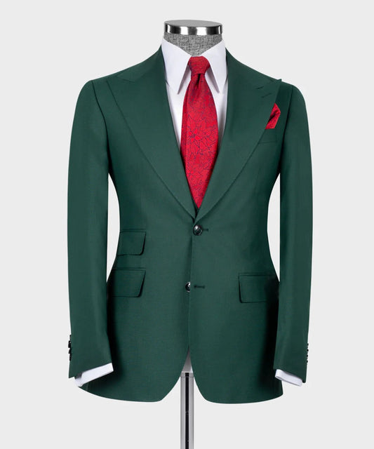 KOSS ATELIER dark green 3-piece suit tailored jacket on mannequin with white shirt and red tie