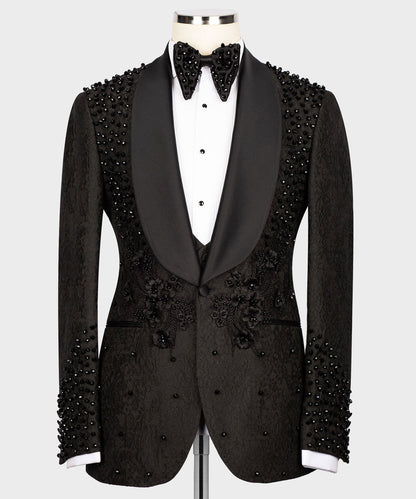 KOSS ATELIER handmade black beaded tuxedo jacket with shawl lapel beaded bow tie and floral embellishments