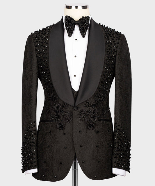 KOSS ATELIER handmade black beaded tuxedo jacket with shawl lapel beaded bow tie and floral embellishments