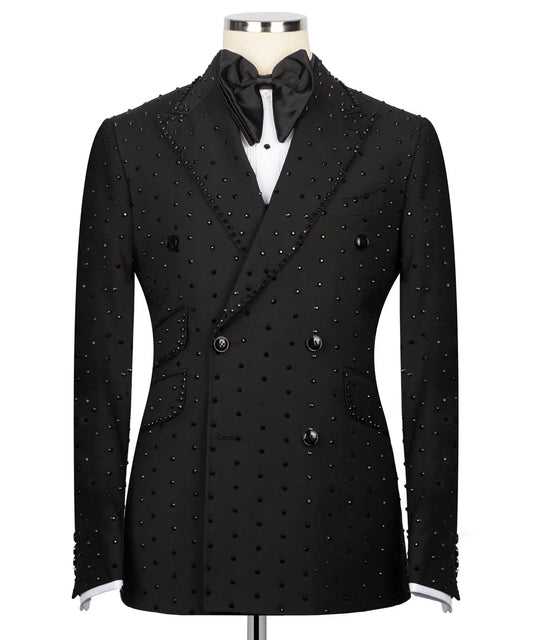 KOSS ATELIER handmade black studded tuxedo double breasted jacket with peak lapel bow tie and bead embellishments