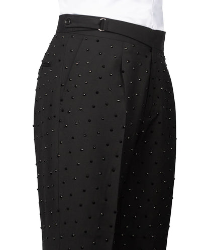 KOSS ATELIER handmade black studded tuxedo pants with high waist adjustable side tab and allover bead studs