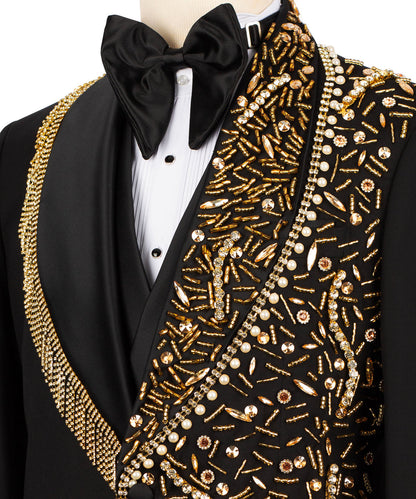 KOSS ATELIER handmade black tuxedo with gold details shawl lapel jeweled embroidery and bow tie
