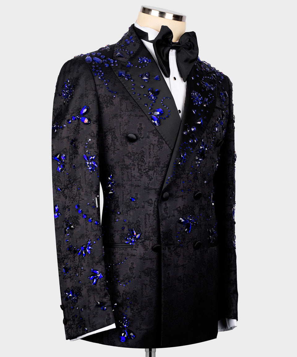 KOSS ATELIER black double breasted tuxedo jacket with blue crystal embellishments handmade crystal tuxedo for men on mannequin