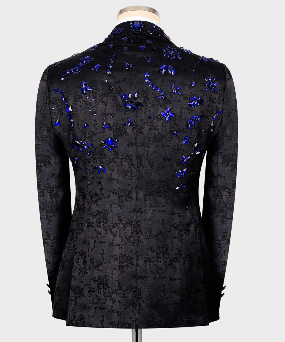 KOSS ATELIER black textured jacket with blue crystal floral embellishments back view handmade crystal tuxedo for men