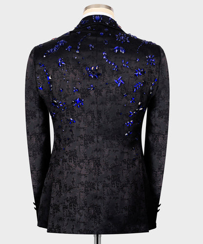 KOSS ATELIER black textured jacket with blue crystal floral embellishments back view handmade crystal tuxedo for men