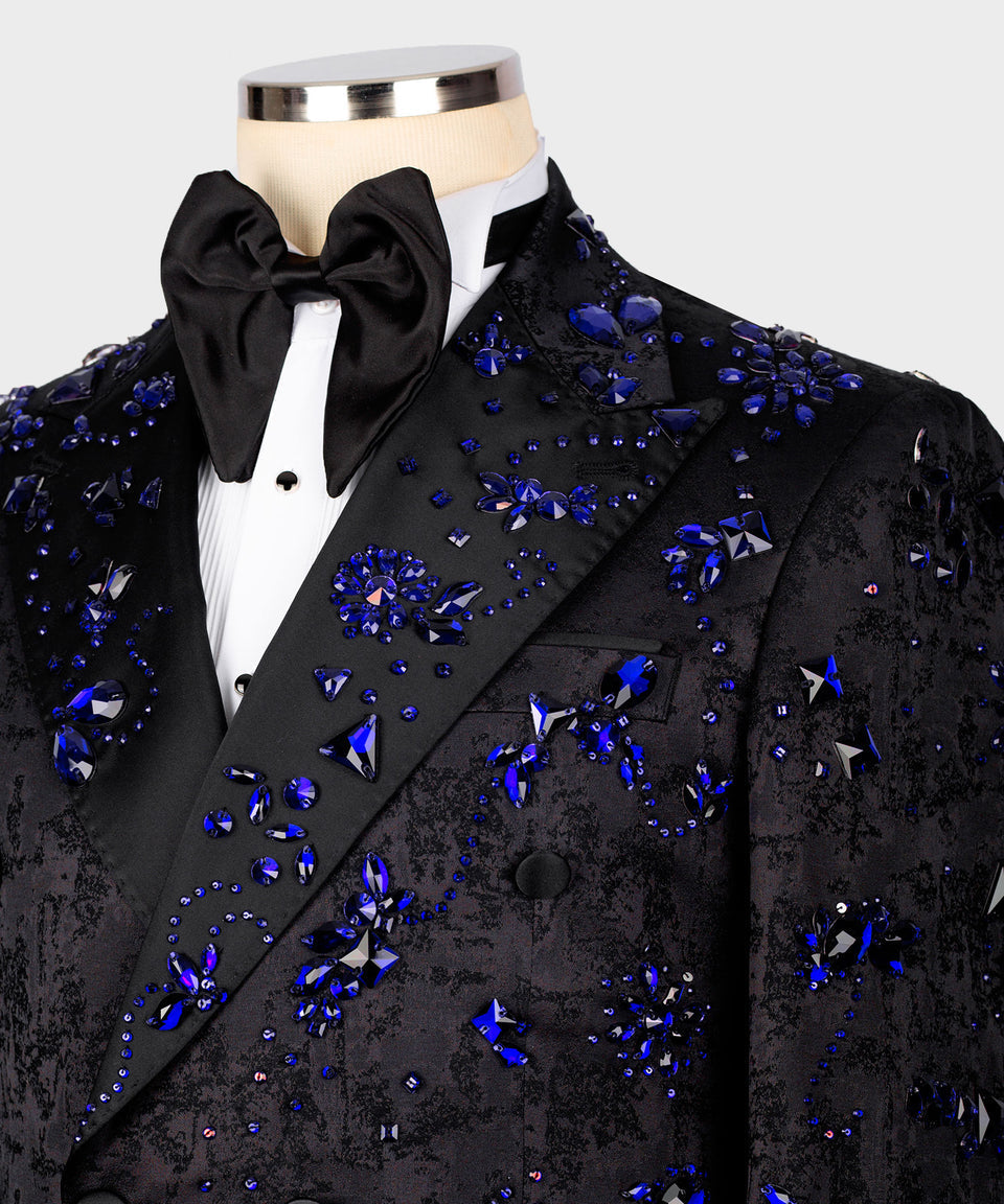 KOSS ATELIER handmade crystal tuxedo for men black velvet jacket with blue crystal embellishments and bow tie
