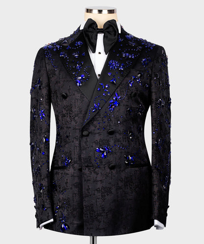 KOSS ATELIER black double breasted jacket with blue crystal embellishments and bow tie handmade crystal tuxedo for men