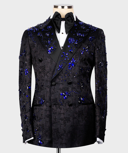 KOSS ATELIER black double breasted jacket with blue crystal embellishments and bow tie handmade crystal tuxedo for men