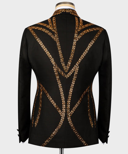 KOSS ATELIER black tuxedo jacket back view with handmade gold embroidered tuxedo geometric vine pattern