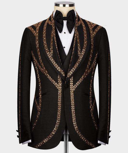KOSS ATELIER black tuxedo jacket on mannequin with ornate gold embroidery and bow tie handmade gold embroidered tuxedo