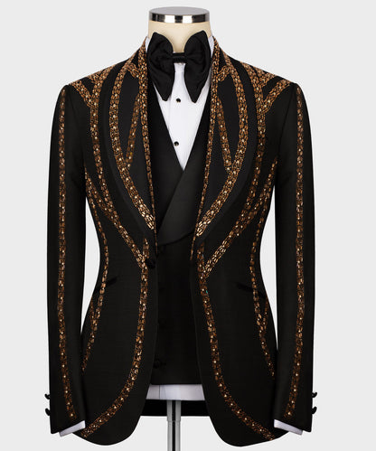 KOSS ATELIER black tuxedo jacket with gold embroidered curved stripes on lapels and sleeves handmade gold embroidered tuxedo