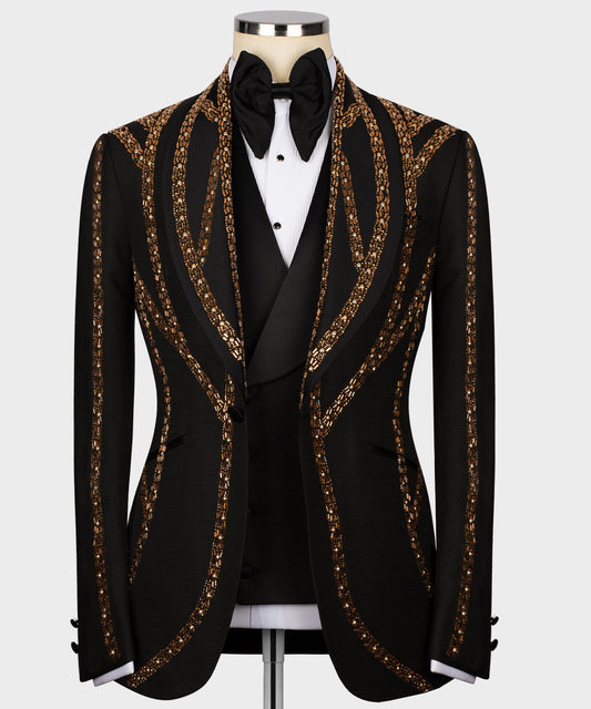 KOSS ATELIER black tuxedo jacket with gold embroidered curved stripes on lapels and sleeves handmade gold embroidered tuxedo