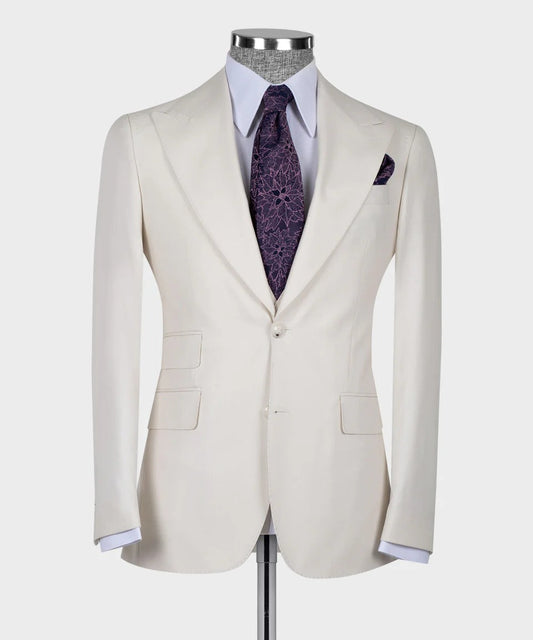 KOSS ATELIER ivory 3-piece suit for men tailored single-breasted jacket with purple tie and pocket square