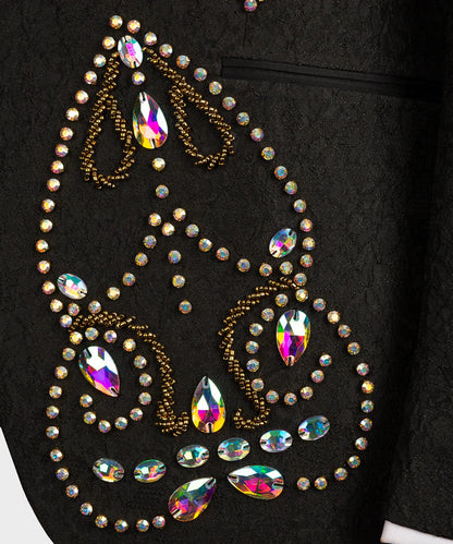 KOSS ATELIER luxury black tuxedo for men with embellished crystal and gold bead embroidery detail