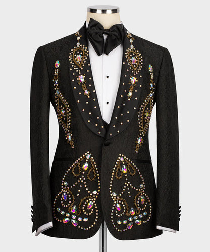 KOSS ATELIER luxury black tuxedo for men with jeweled embroidery, shawl lapel, white shirt and bow tie