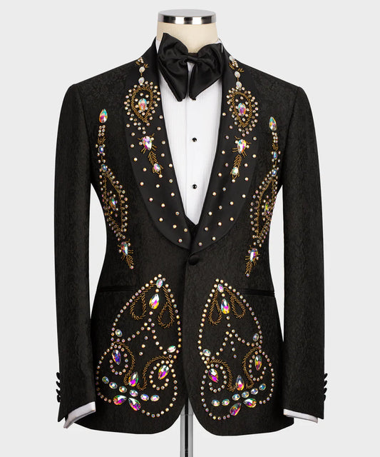 KOSS ATELIER luxury black tuxedo for men with jeweled embroidery, shawl lapel, white shirt and bow tie