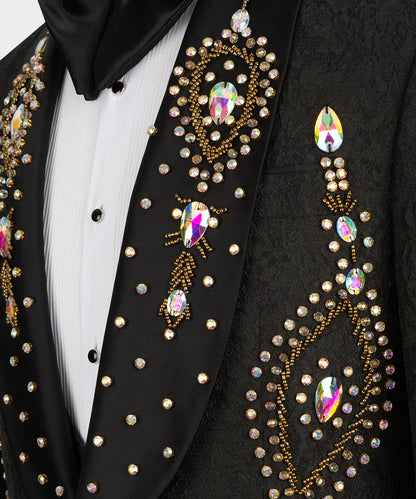 KOSS ATELIER bejeweled shawl lapel luxury black tuxedo for men with crystal embellishments and pleated shirt