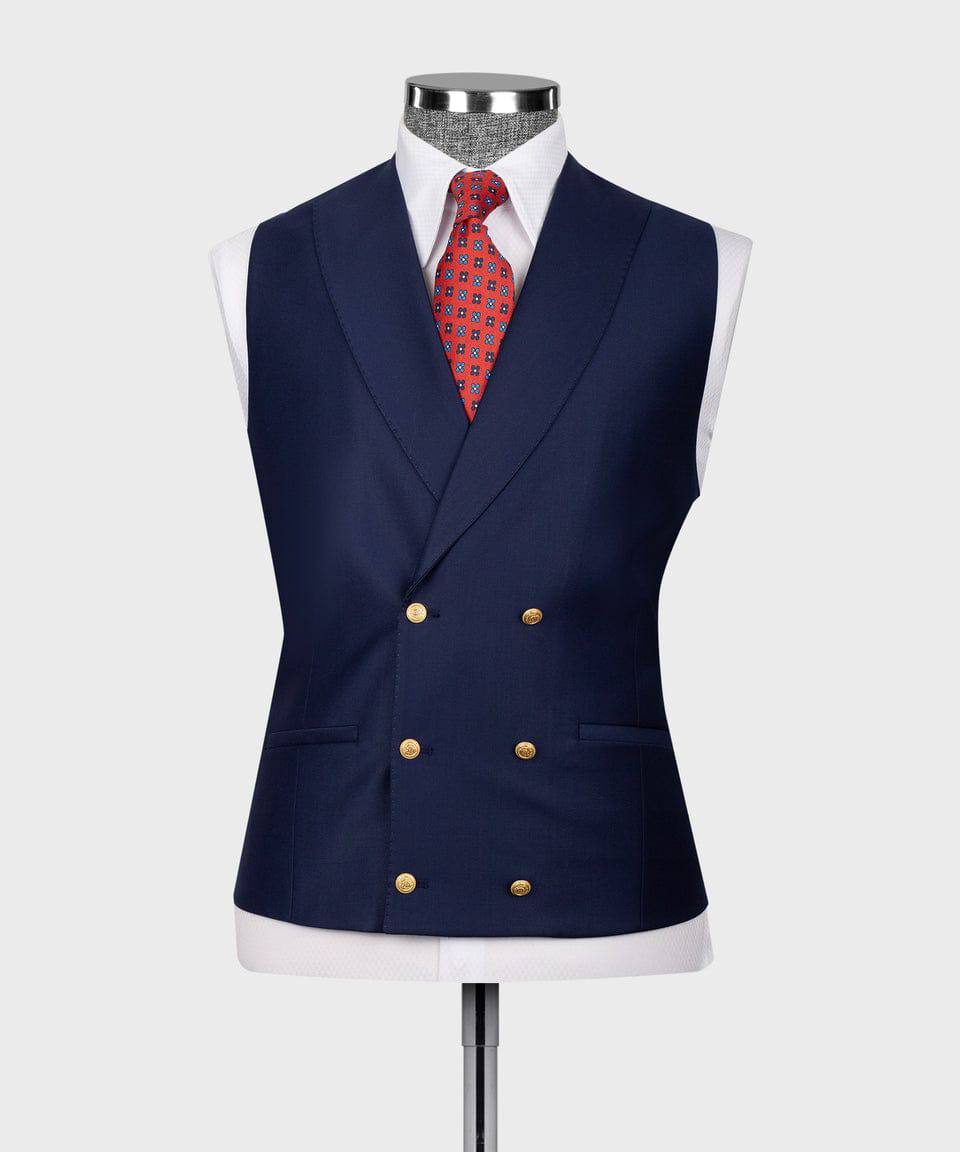 KOSS ATELIER men's navy three-piece suit vest double-breasted on mannequin with white shirt and red patterned tie