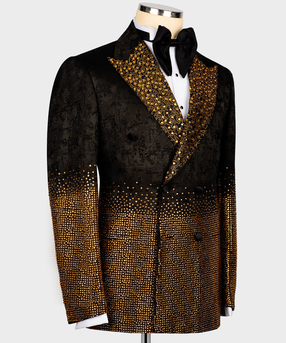 KOSS ATELIER handmade golden tuxedo black double breasted jacket with gold crystal embellished lapel and gradient studs